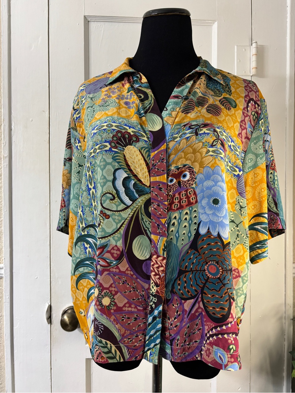 Johnny Was Vibrant Silk Patchwork & Owl Print Blouse - Picture 4 of 15